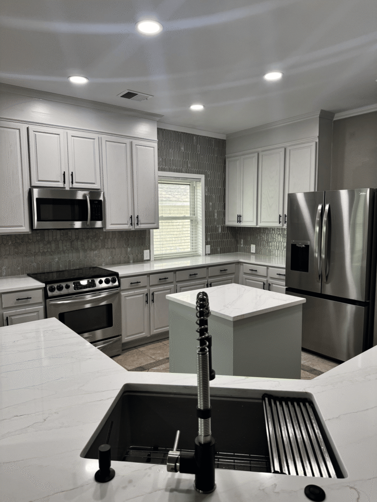 Remodeled kitchen viewed from the sink