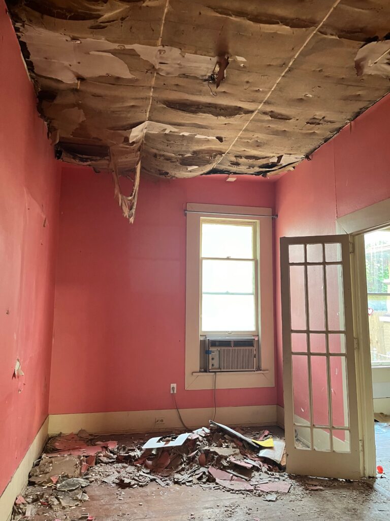 Fire-damaged room before restoration