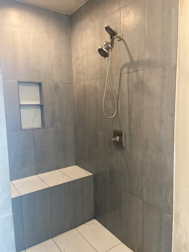 Modern grey tile shower remodel for bathroom in San Antonio TX (78216) - GTex General Contracting