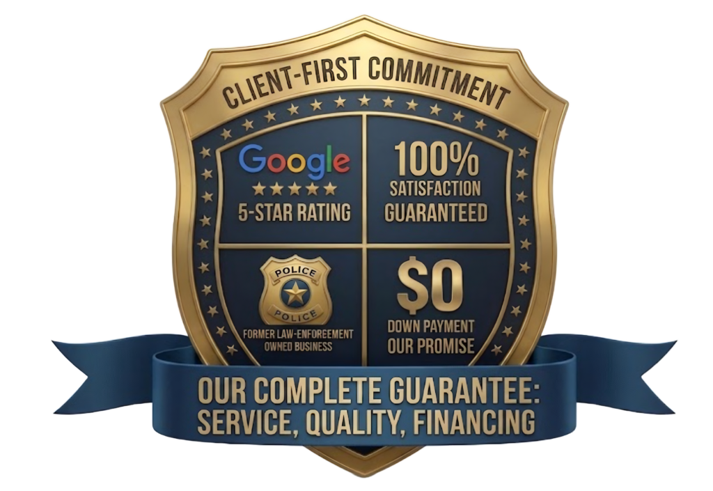 Google 5-star rating, 100% Satisfaction Guarantee, Former Law-Enforcement Owned Business, $0 Down Promise 1 badge by GTex General Contracting in San Antonio,TX