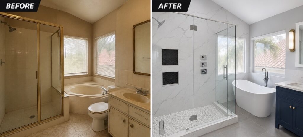 Before and after wet-room bathroom remodel in San Antonio Tx 78209-GTex General Contracting