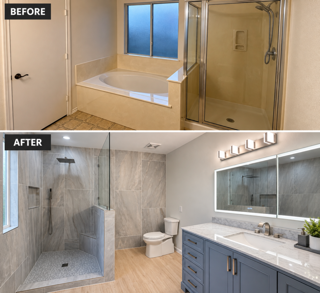 Before and after a GTex bathroom remodel in ZIP code 78209, showing the original tub and shower and the finished tiled walk-in shower with a bench, recessed niche and blue vanity.