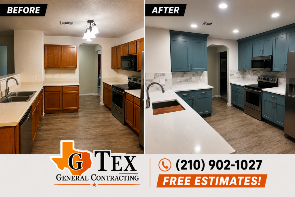 Before-and-after kitchen comparison showing wood cabinets replaced by blue cabinets and white countertops.