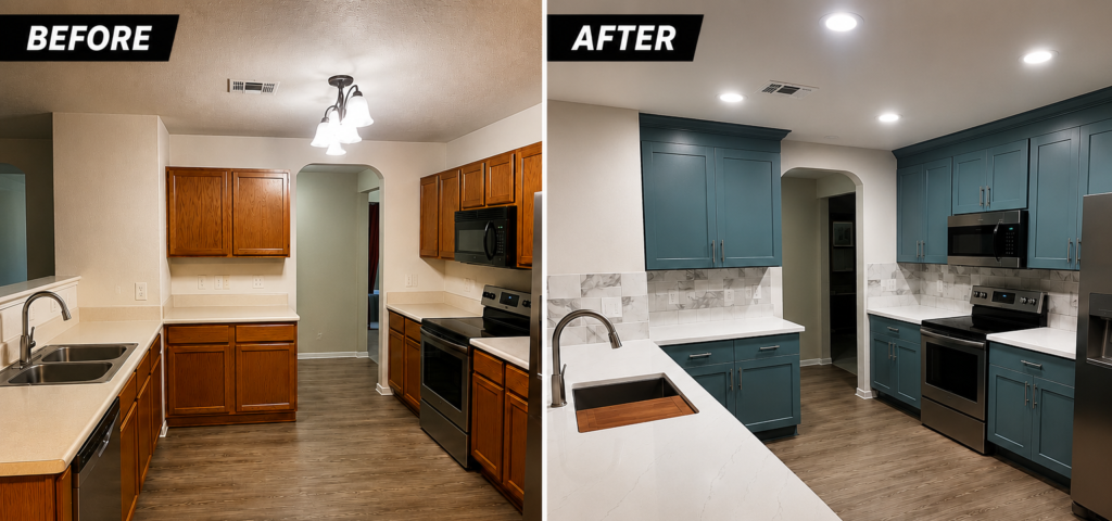 Before-and-after kitchen comparison showing wood cabinets replaced by blue cabinets and white countertops.