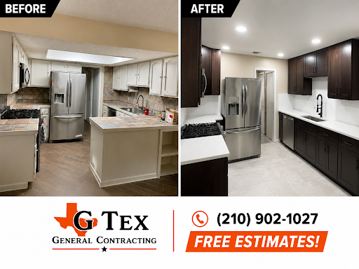 Kitchen before and after remodeling with dark cabinets, white quartz countertops, a white subway tile backsplash and recessed lighting.