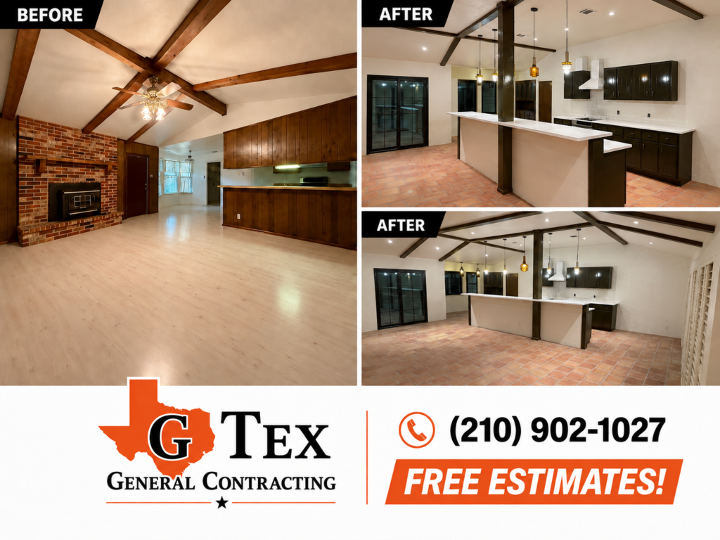 Before-and-after comparison of a kitchen and adjoining living area with exposed ceiling beams, updated cabinets and island.