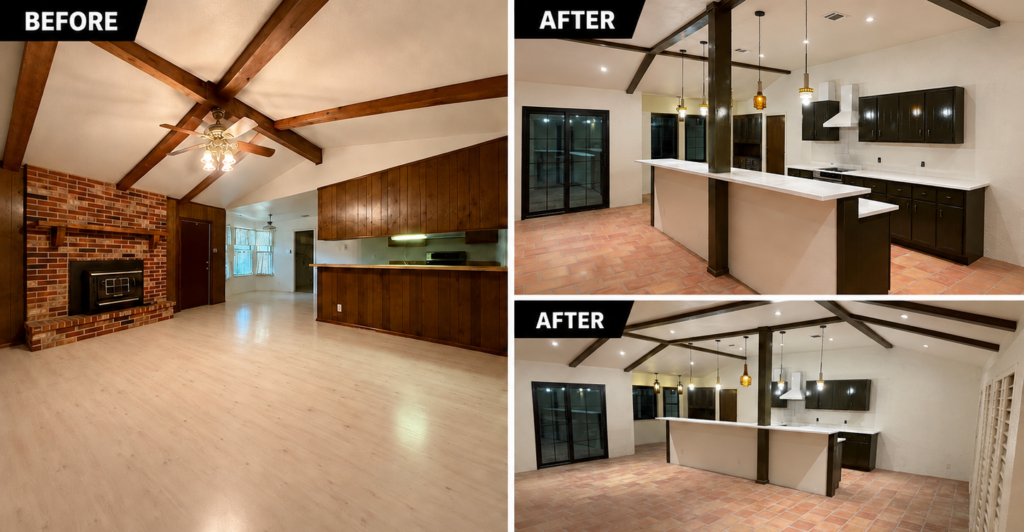 Before-and-after comparison of a kitchen and adjoining living area with exposed ceiling beams, updated cabinets and island.