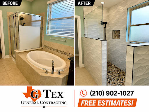 Bathroom before and after replacing a tub and enclosed shower with a larger shower featuring textured white tile, pebble flooring, glass and black fixtures.