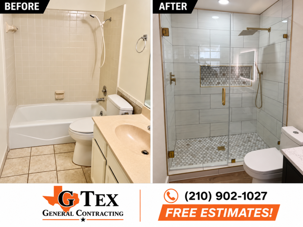 Before-and-after comparison of a bathtub replaced by a tiled shower with glass enclosure and a recessed mosaic niche.