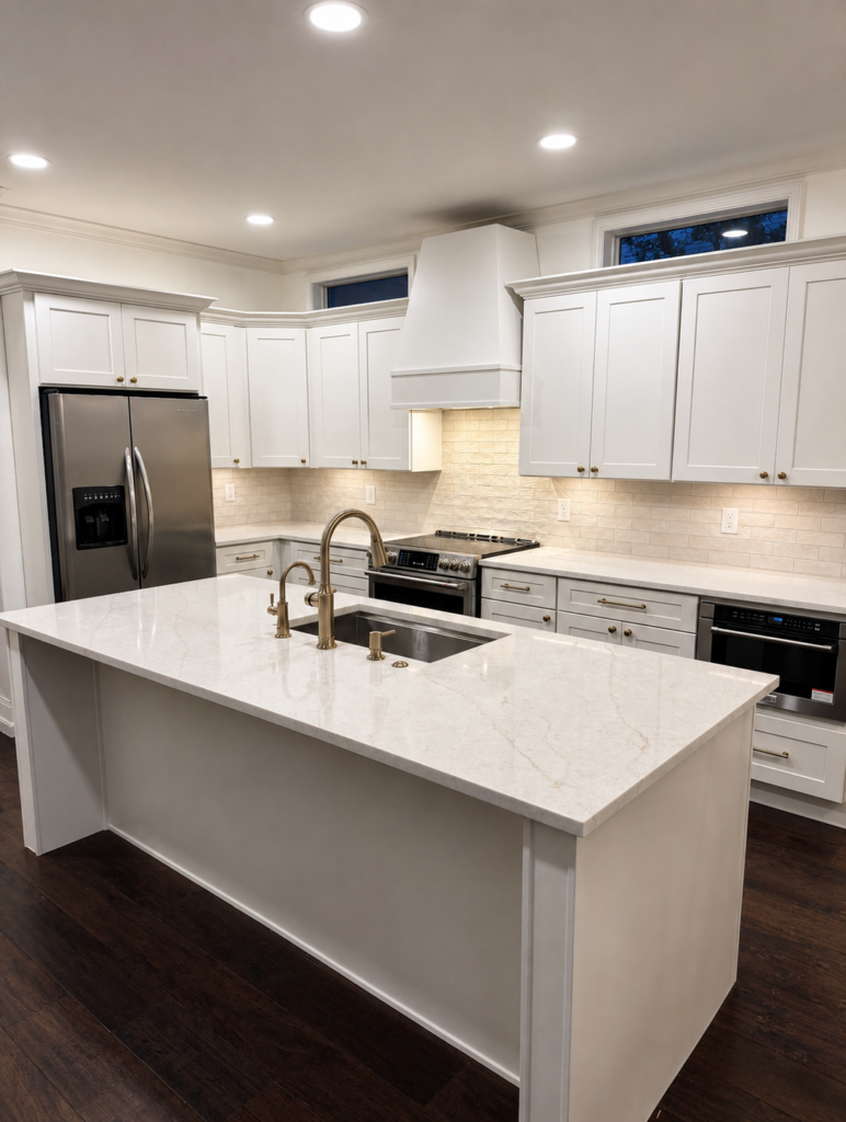 White kitchen with a large central island, inset sink, surrounding cabinets and recessed ceiling lights.