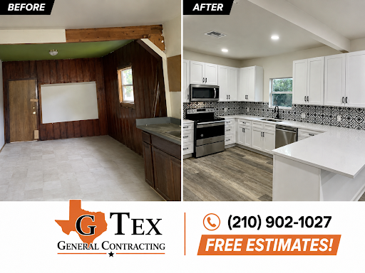Before-and-after GTex kitchen remodel with white cabinets, a black-and-white patterned backsplash and light countertops.