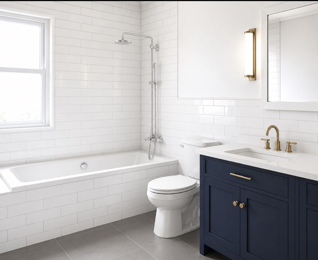 Bathroom with a white bathtub, white tiled surround, blue vanity and brass-tone fixtures.