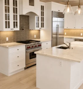 White kitchen cabinets with glass-front details, a warm-toned tile backsplash, glass pendants and stainless steel appliances.