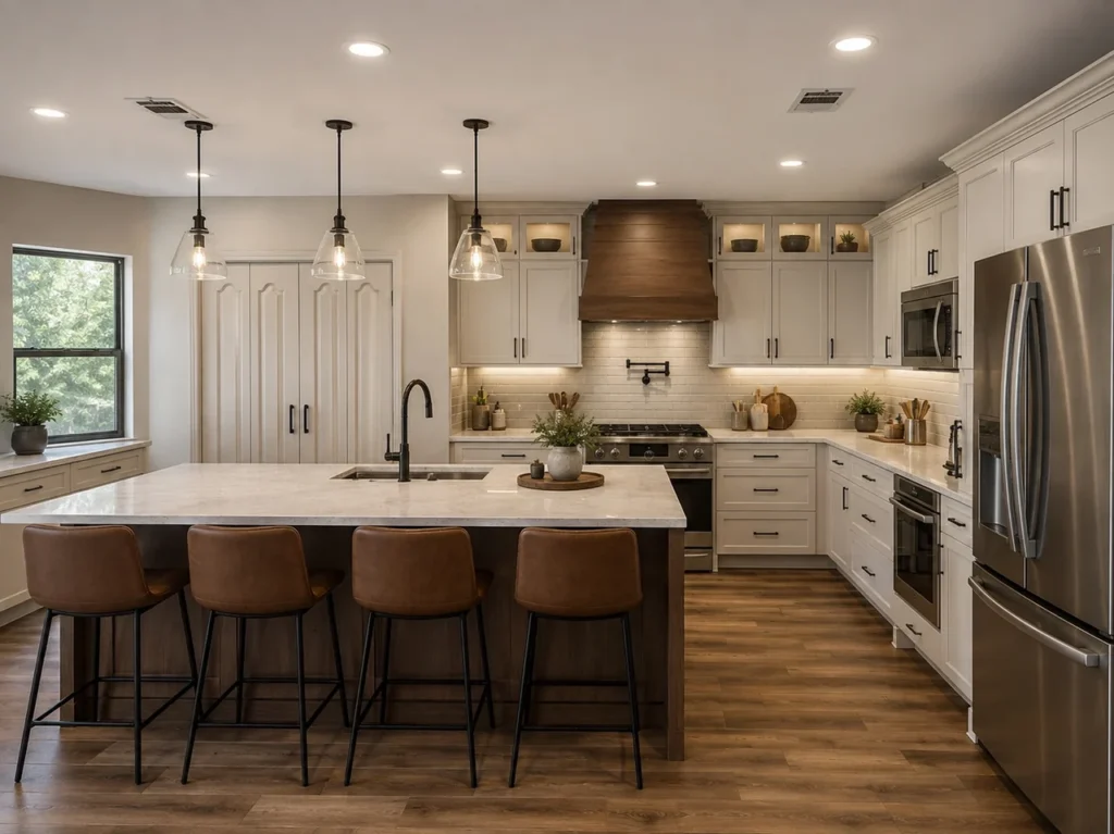White kitchen cabinets, a wood range hood, a large island with seating, glass pendants and stainless steel appliances.