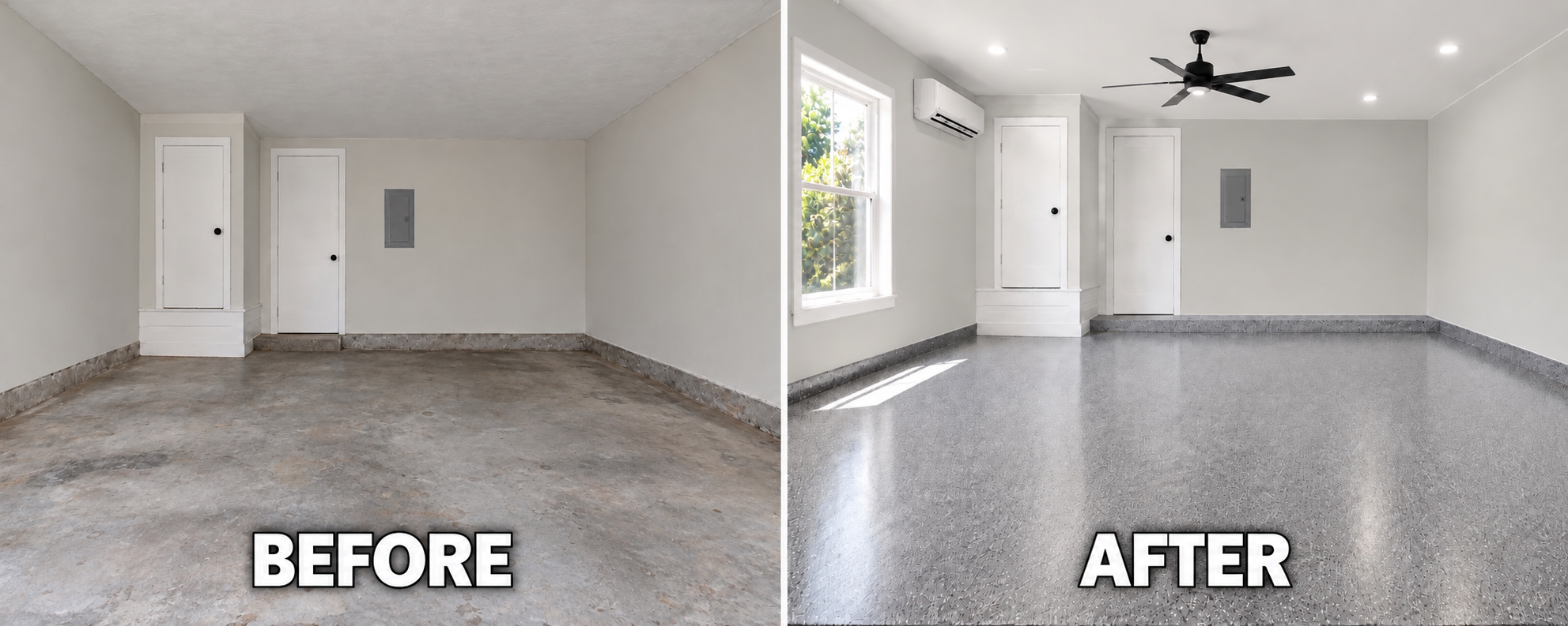 Before and after garage conversion with epoxy flooring by GTex General Contracting